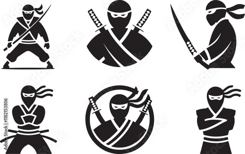 set of ninja logo vector illustration black and white silhouette Vector isolated on White Background.