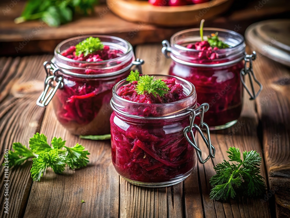 Close-up jars of beetroot marinade, showcasing homemade culinary art. Close-up jars of beetroot marinade, showcasing homemade culinary art.