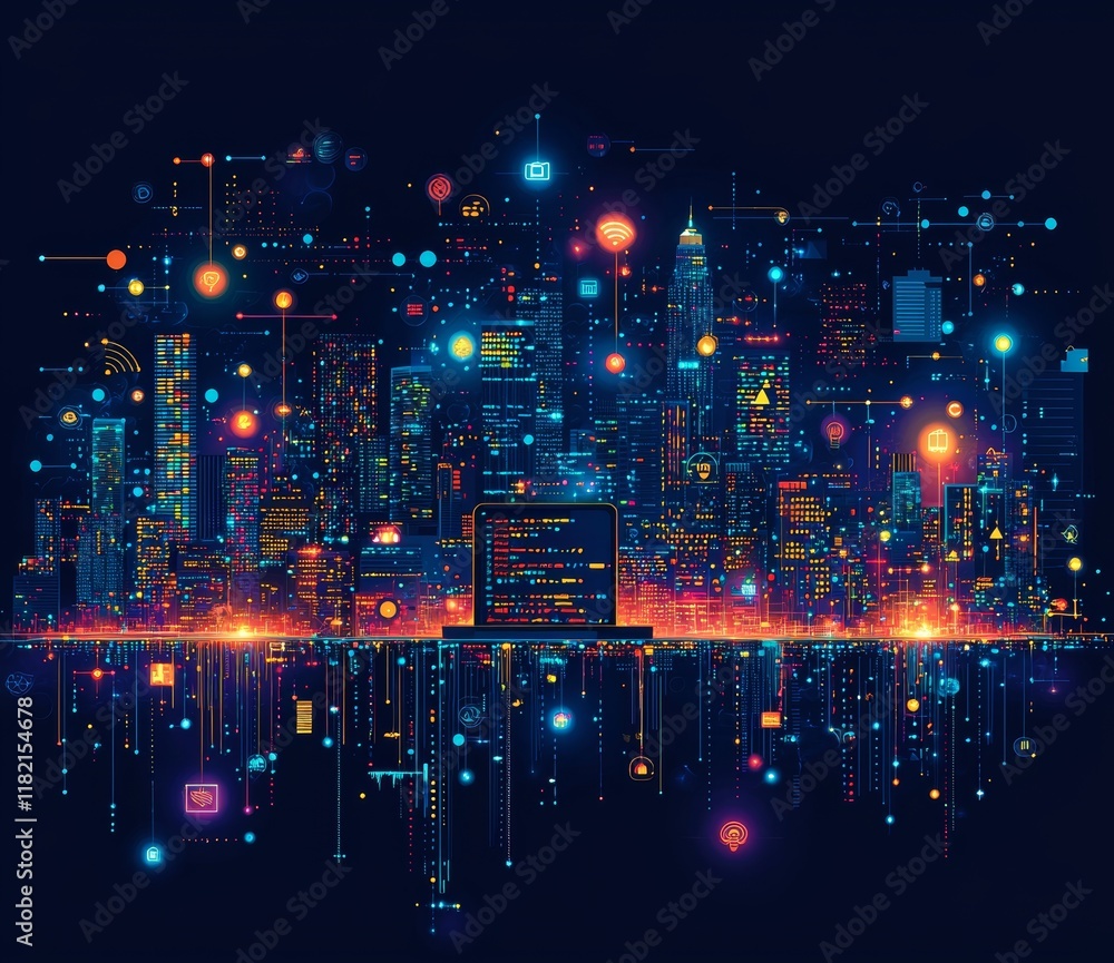 Obraz premium Collaboration in a digital environment is shown in the image, where three individuals are interacting with a large laptop, indicating teamwork. The laptop is intentionally oversized