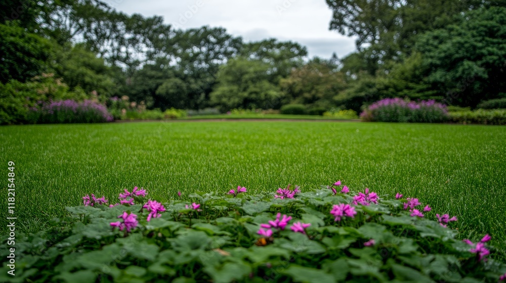 Lush Green Lawn with Pink Flowers and Trees Lush Green Lawn with Pink Flowers and Trees