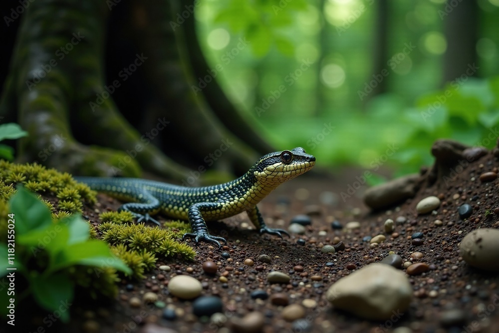 Naklejka premium Serpent gliding across the forest floor with roots and pebbles, reptile, ancient