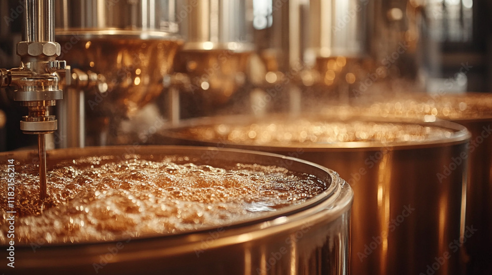 Craft brewing process at a brewery showcasing fermenting tanks filled with bubbling wort Craft brewing process at a brewery showcasing fermenting tanks filled with bubbling wort