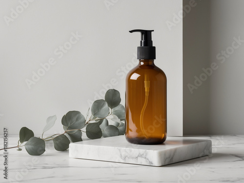 A brown glass bottle with a black pump dispenser placed on a marble tray, accompanied by eucalyptus leaves, ideal for themes related to skincare, cosmetics, and natural products. photo