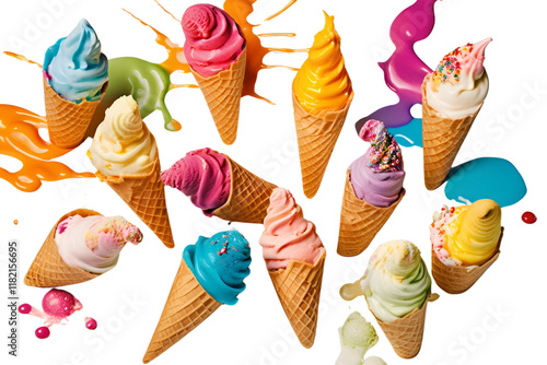 Delicious Sweet Ice Cream Cone with Vibrant Colors Presented on a Clean White Surface – Perfect for Dessert and Food Photography Concepts photo