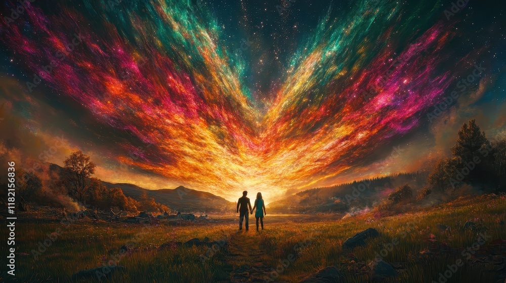 Fototapeta premium Couple Holding Hands Under a Vibrant Sky of Colors at Dusk
