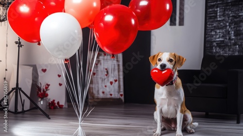 A stylish dog holding a heart-shaped balloon string in its mouth, sitting in a modern studio with a Valentine's Day theme photo