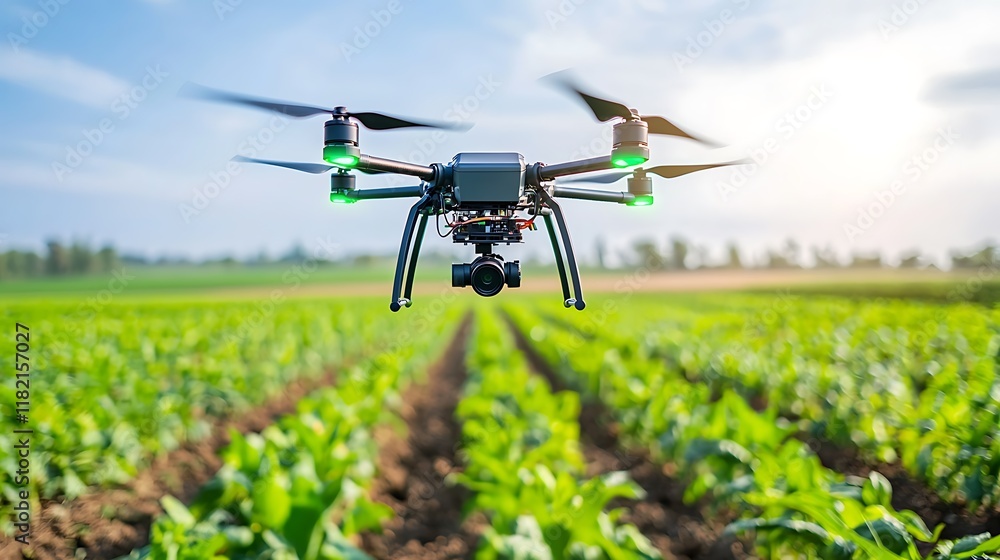 Aerial view of a drone monitoring agricultural fields with IoT sensors and 5G network connectivity enabling precision farming techniques for sustainable and efficient crop production Aerial view of a drone monitoring agricultural fields with IoT sensors and 5G network connectivity enabling precision farming techniques for sustainable and efficient crop production