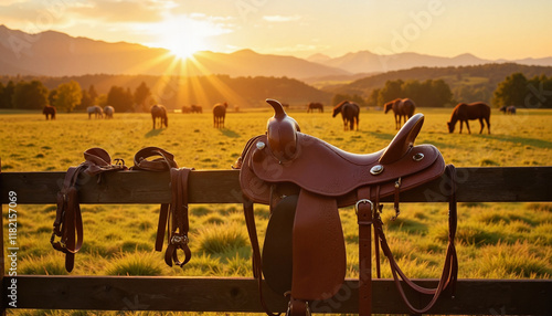Saddle and reins on fence at sunset with grazing horses, Horse Tack