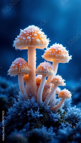 Frost Kissed Fungi, A Winter,s Whisper in a Blue Forest Beneath the Gloom photo