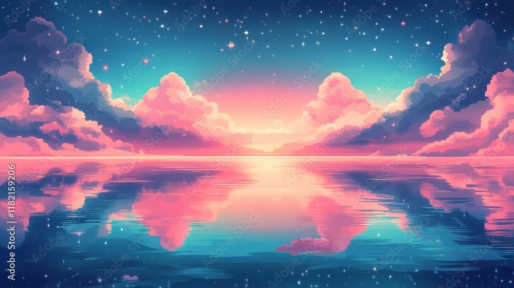 Naklejka premium Serene Pink Sunset Sky Reflecting On Calm Water