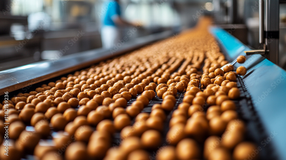 Process of producing small round snack balls on a conveyor belt in a food factory Process of producing small round snack balls on a conveyor belt in a food factory