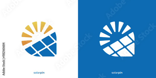 Creative Solar Pin Logo. Solar Panel and Pin Map Location Point Icon Graphic. Solar Location Logo Design Template. 