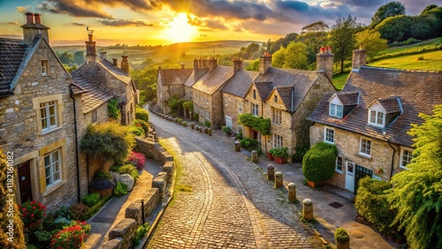 Fototapeta Naklejka Na Ścianę i Meble -  Drone photography showcases a village's historic stone houses and cobblestone streets, powered by AI.