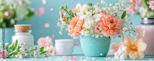 vibrant floral arrangement in turquoise pot, featuring peach and white flowers, surrounded by decorative jars and petals, creating cheerful and fresh atmosphere