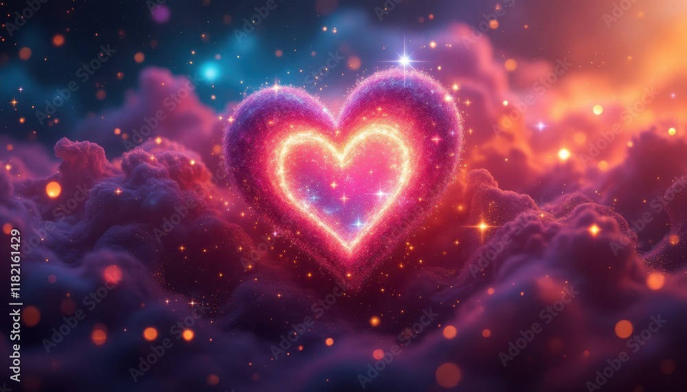 Glowing heart amidst vibrant cosmic clouds with sparkling stars Glowing heart amidst vibrant cosmic clouds with sparkling stars