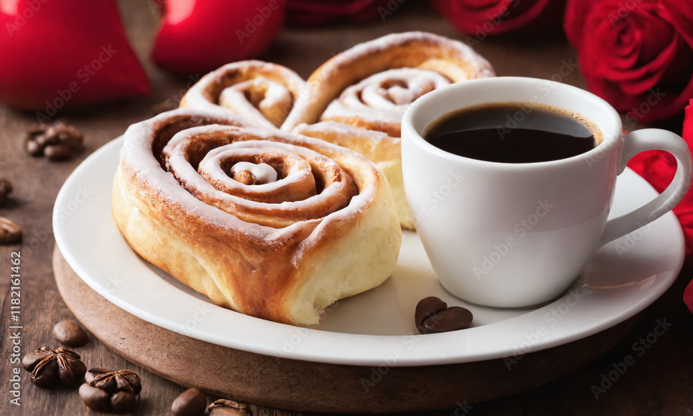 Freshly baked cinnamon rolls beside a cup of coffee with red roses in a cozy setting. Valentine’s Day idea, date, engagement party, love party, eat, food Freshly baked cinnamon rolls beside a cup of coffee with red roses in a cozy setting. Valentine’s Day idea, date, engagement party, love party, eat, food