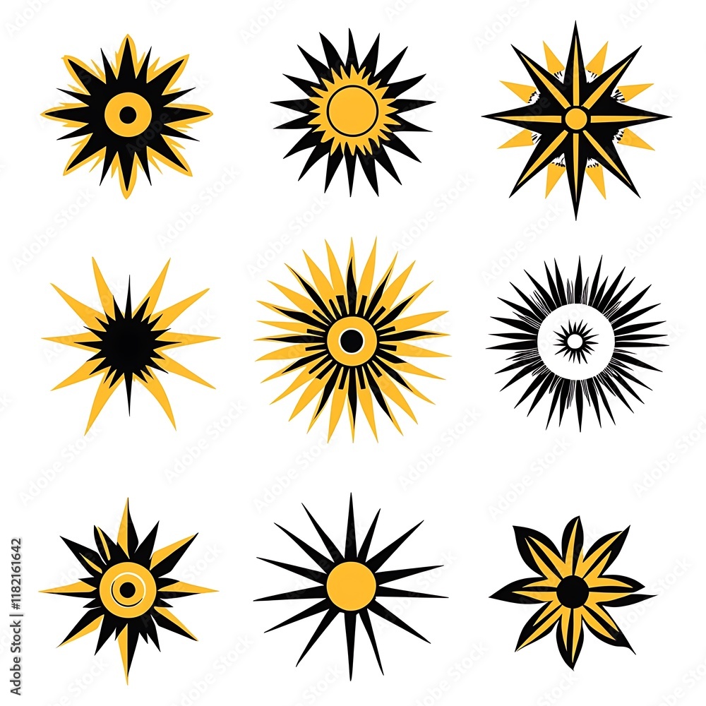 Set of Decorative Sun Icons in Black and Yellow Set of Decorative Sun Icons in Black and Yellow