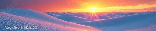Snowy dunes illuminated by warm sunset colors, sun, golden light, arctic landscape