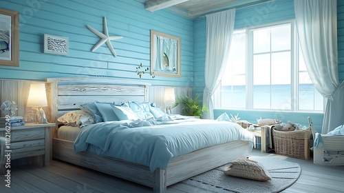 Modern oceanfront bedroom design featuring light coastal aesthetic photo