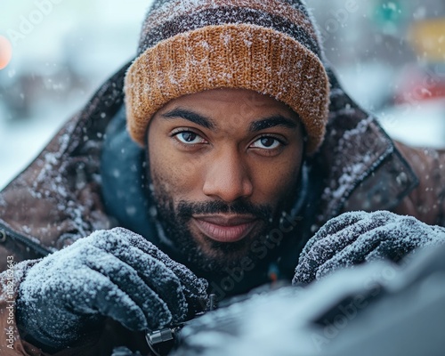 Winter Car Maintenance Man Braving Cold for Vehicle Upkeep Amid Polar Vortex photo