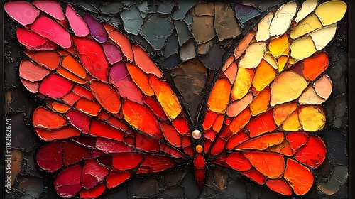 A vibrant painted butterfly artwork with red orange and yellow hues photo