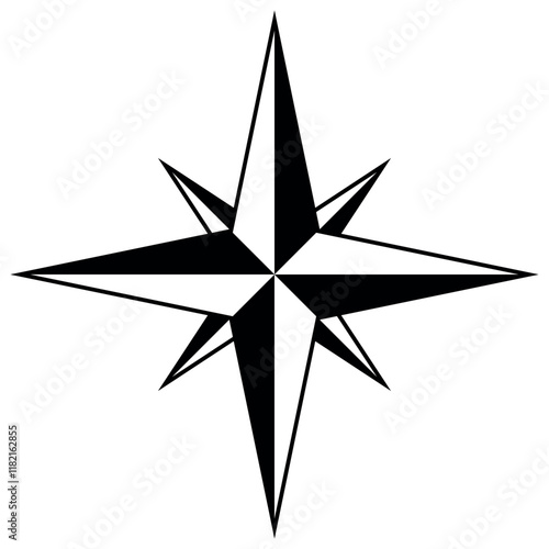 Compass rose symbol, black and white vector star shape illustration of four cardinal directions