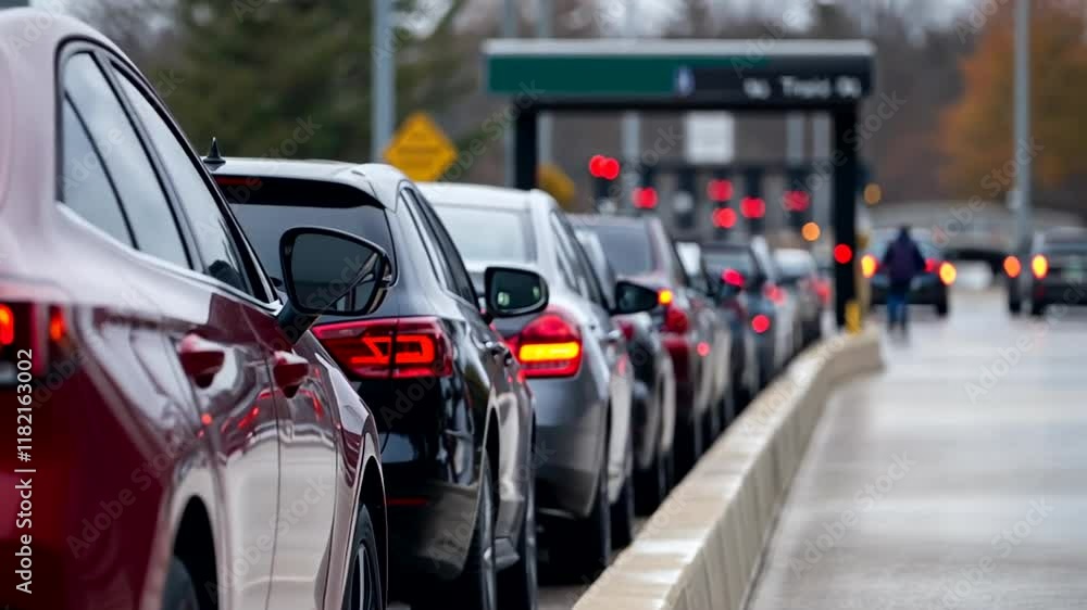 A long line of cars waits at a toll booth, symbolizing holiday travel and transportation congestion A long line of cars waits at a toll booth, symbolizing holiday travel and transportation congestion