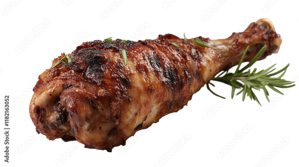 Grilled poultry leg with seasonings on a dark background Grilled poultry leg with seasonings on a dark background
