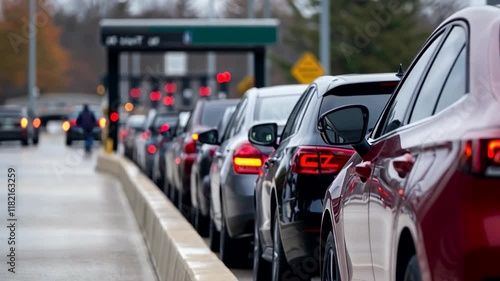 A line of cars waits at a toll booth, representing road travel and Thanksgiving traffic