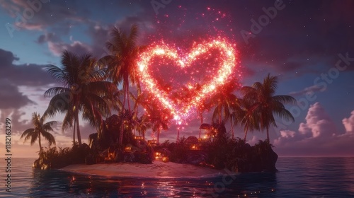 Tropical Island Fireworks Heart Display Over Palm Trees at Sunset