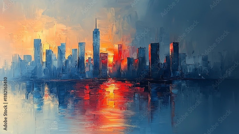 Fototapeta premium A vertical city painting in shades of gray and white, with occasional splashes of bright colors adding highlight