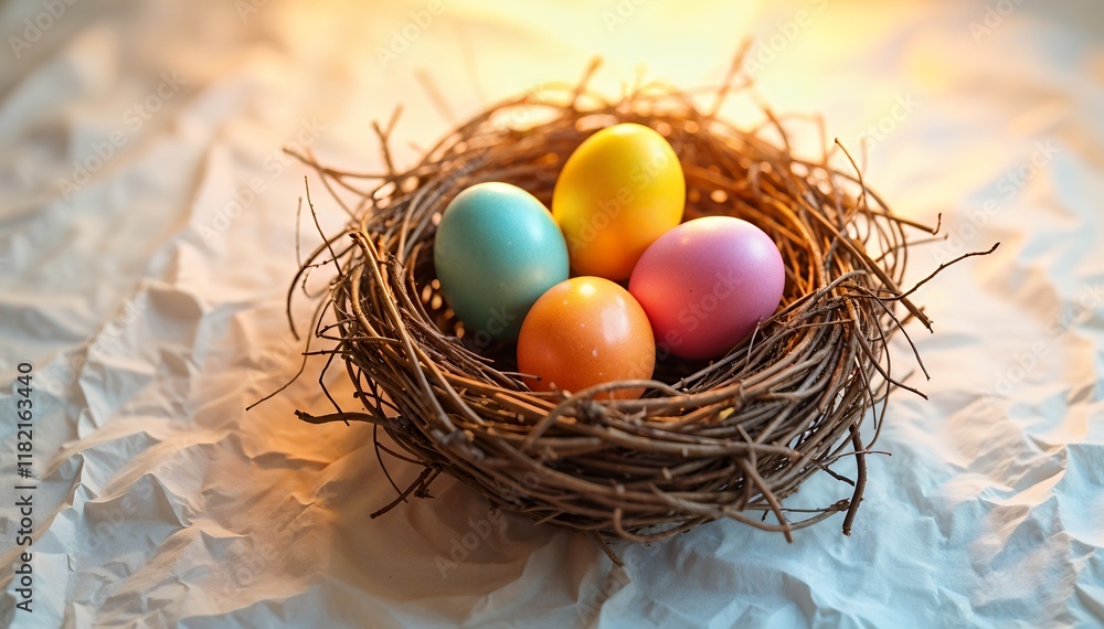 Colorful Easter eggs nestled in a twig nest Colorful Easter eggs nestled in a twig nest