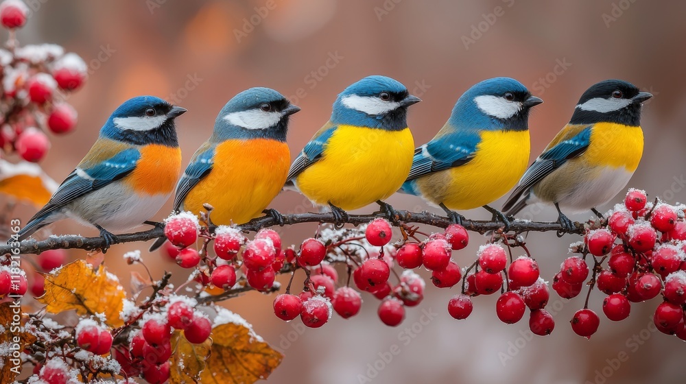 Fototapeta premium Cute 3D Blender canaries adorned with small collars, engaging with each other on a lively birdhouse, viewed from a perspective angle, with a colorful backdrop