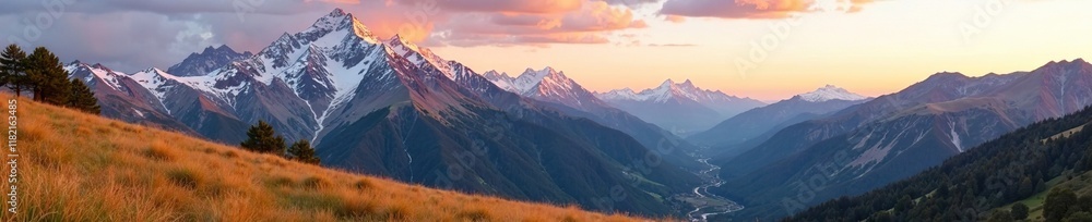 Snowy peaks of Caucasus mountain range at dusk, yellow grass, alpine landscape, caucasus mountains Snowy peaks of Caucasus mountain range at dusk, yellow grass, alpine landscape, caucasus mountains