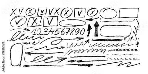Collection of crayon drawn doodle elements, underlines and check marks. Various doodle emphasis elements for hand drawn diagrams, notes. Pencil underlines, kids crayon strips, arrows and numbers.