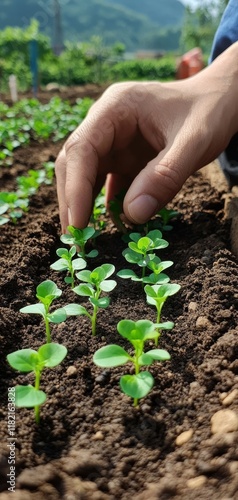 Seedling, grow and plant in forest, sun and mockup in environment, earth and leaves in soil outdoor. Agriculture, dirt and nature for carbon footprint, sustainability and project for, Generative AI photo