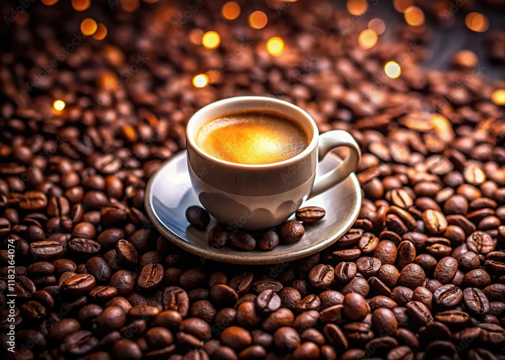 Espresso cup, coffee beans, AI photo. Blank space for text. Espresso cup, coffee beans, AI photo. Blank space for text.