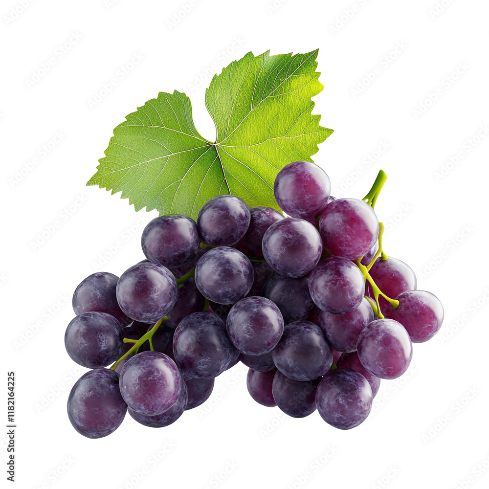 Fototapeta premium A cluster of ripe red grapes with a lush green leaf, a still life photograph, showcasing the vibrant colors and texture of the fruit.