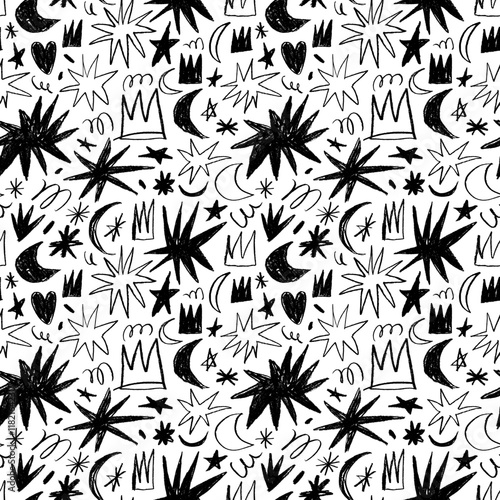 Naive style childish vector seamless pattern with stars, crowns and squiggles.