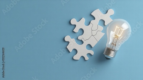 Problem-solving represented with a puzzle piece fitting into place under a glowing light bulb, emphasizing creative solution photo