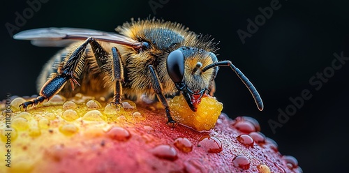 A macro image of a fly savoring ripped fruit, capturing the minuscule details of their interaction. This macro shot illustrates the fly's character and its penchant for fruit that is no longer fresh photo