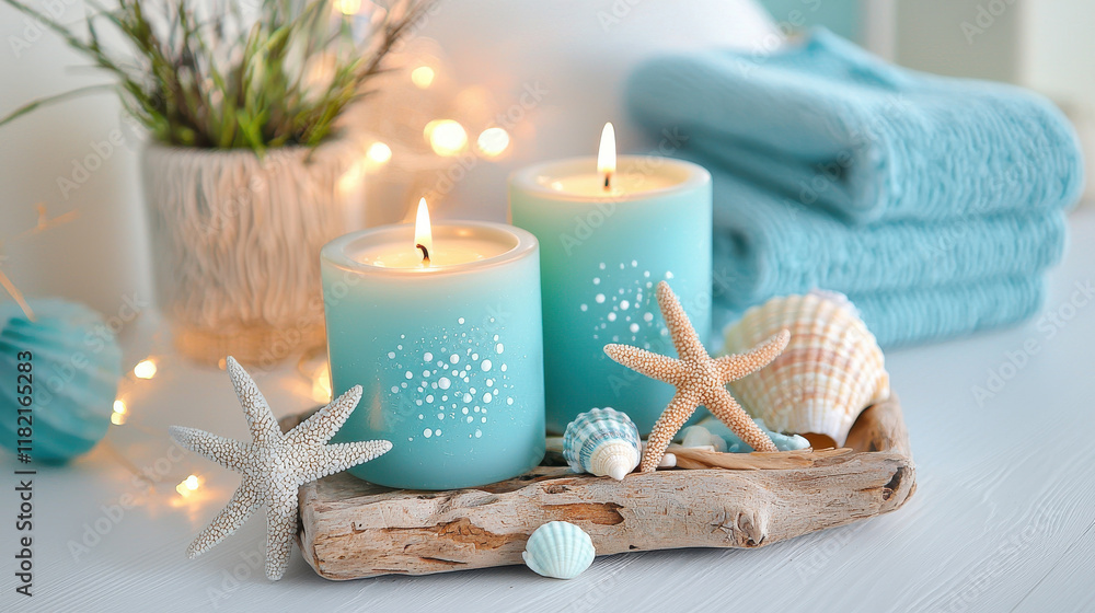 Serene blue candles with starfish and seashells create calming coastal decor. Perfect for relaxation and ambiance in beach themed setting Serene blue candles with starfish and seashells create calming coastal decor. Perfect for relaxation and ambiance in beach themed setting