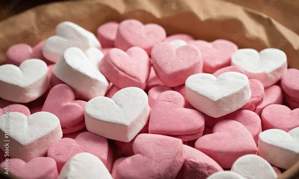 Colorful heart-shaped marshmallows arranged neatly in a basket for a sweet treat. Valentine’s Day idea, date, engagement party, love party, eat, food Colorful heart-shaped marshmallows arranged neatly in a basket for a sweet treat. Valentine’s Day idea, date, engagement party, love party, eat, food