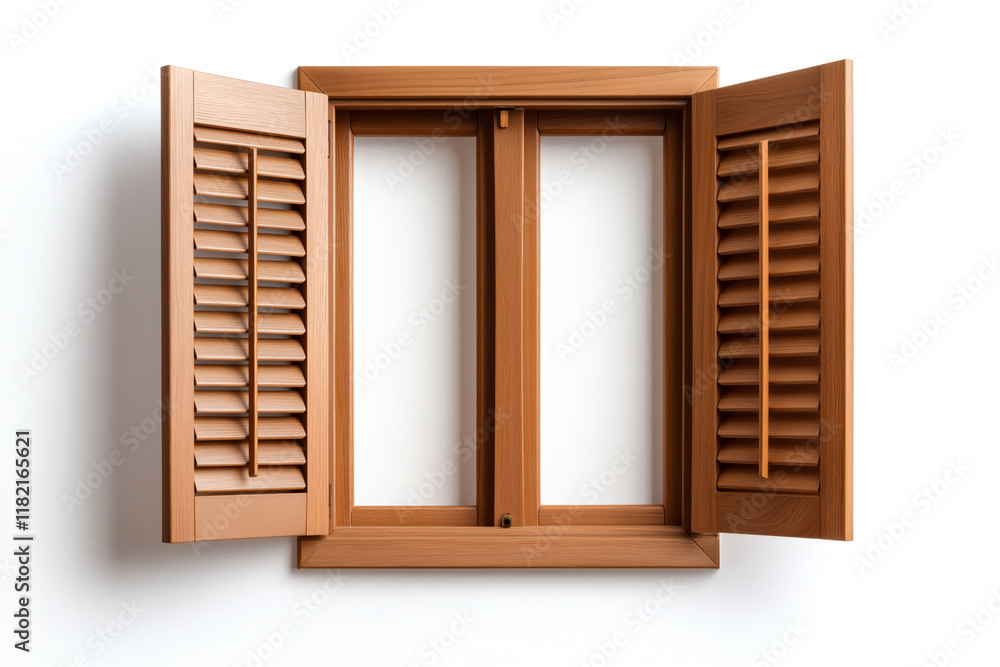 Obraz premium Old wooden window with open shutters, showcasing warm, inviting design. natural wood grain adds character, perfect for enhancing any interior space