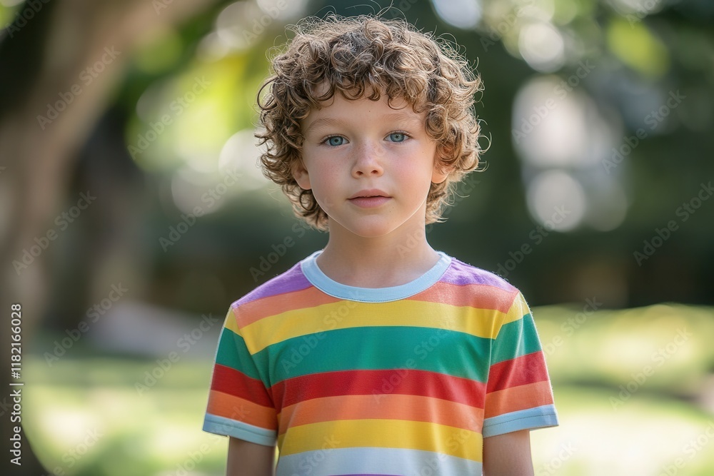 Curious caucasian child in colorful striped shirt standing outdoors. Curious caucasian child in colorful striped shirt standing outdoors.