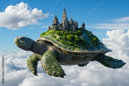 Fantastical city riding atop a giant turtle - perfect for fantasy or creative projects photo