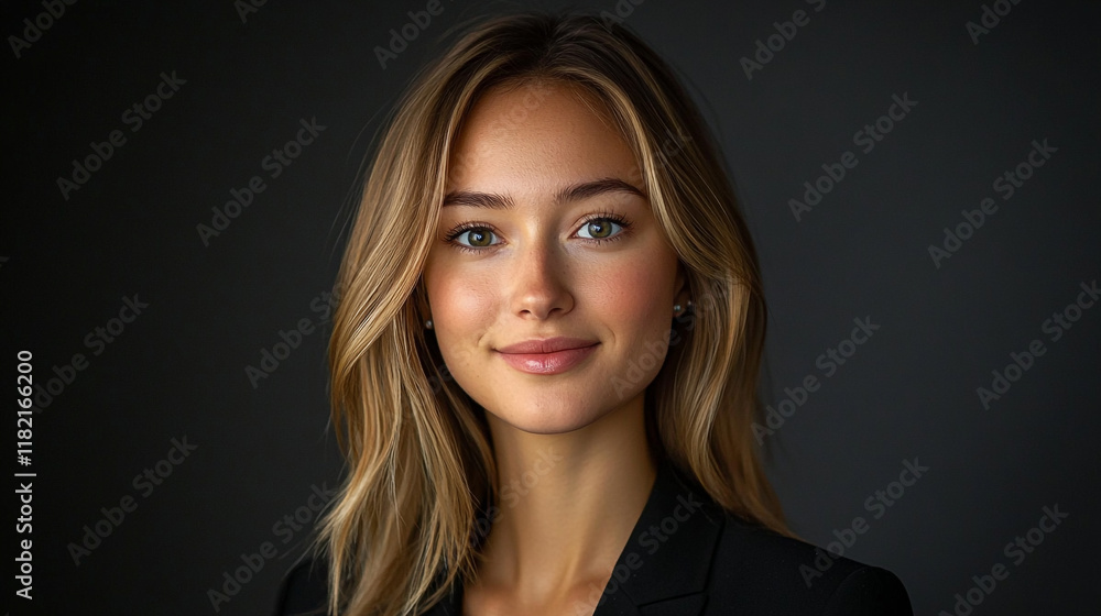 Portrait of a young woman with natural makeup and loose hair against a dark background Portrait of a young woman with natural makeup and loose hair against a dark background