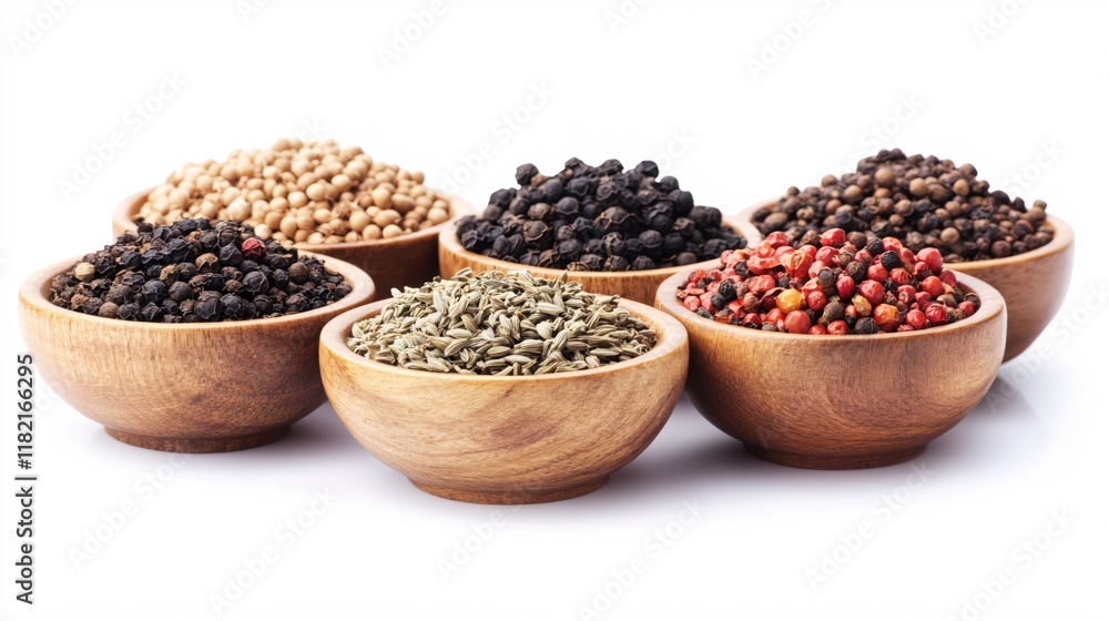 Assortment of Spices and Peppers in Wooden Bowls on a White Background Assortment of Spices and Peppers in Wooden Bowls on a White Background