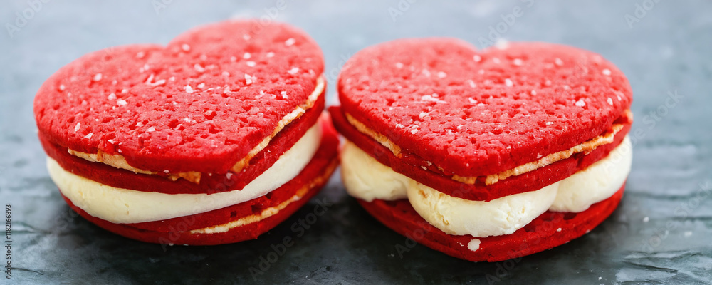 Delicious heart-shaped red cookies filled with ice cream frosting perfect for celebrations and special occasions. Valentine’s Day idea, date, engagement party, love party, eat, food Delicious heart-shaped red cookies filled with ice cream frosting perfect for celebrations and special occasions. Valentine’s Day idea, date, engagement party, love party, eat, food