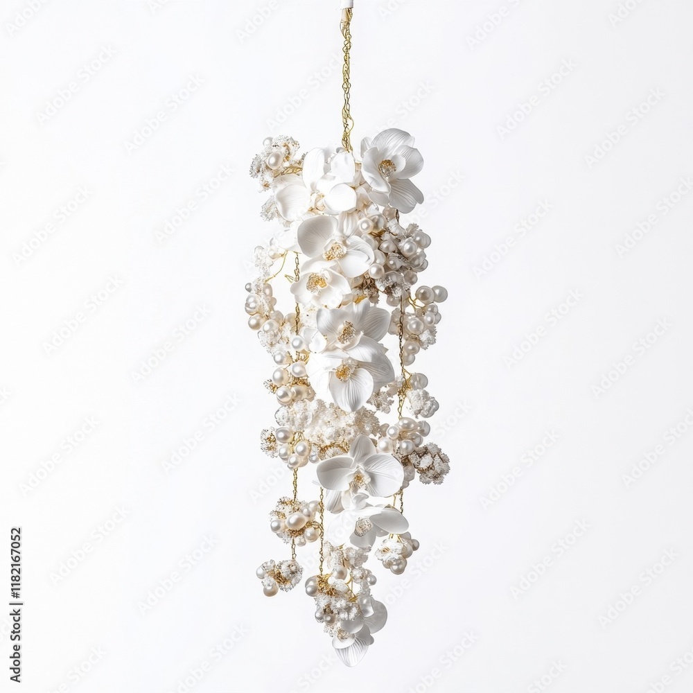 Elegant floral arrangement featuring delicate white orchids and decorative accents, suspended beautifully against a light background. Elegant floral arrangement featuring delicate white orchids and decorative accents, suspended beautifully against a light background.